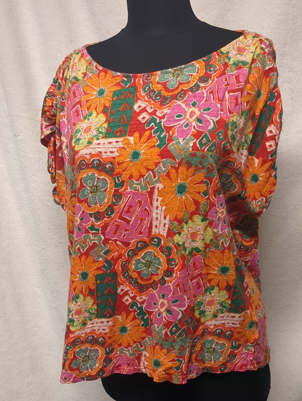 Nicole Miller Orange & Pink Floral Patchwork Short Sleeve Top
